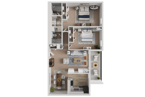 Floor plan for 2 beds, 2 baths, 985 sqft